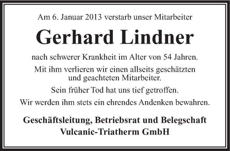  Traueranzeige für Gerhard Lindner vom 16.01.2013 aus Südthüringer Presse