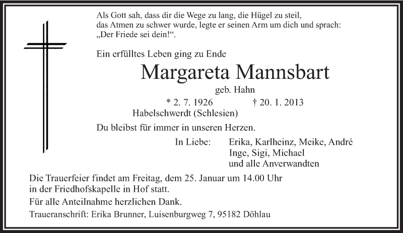  Traueranzeige für Margareta Mannsbart vom 24.01.2013 aus Frankenpost