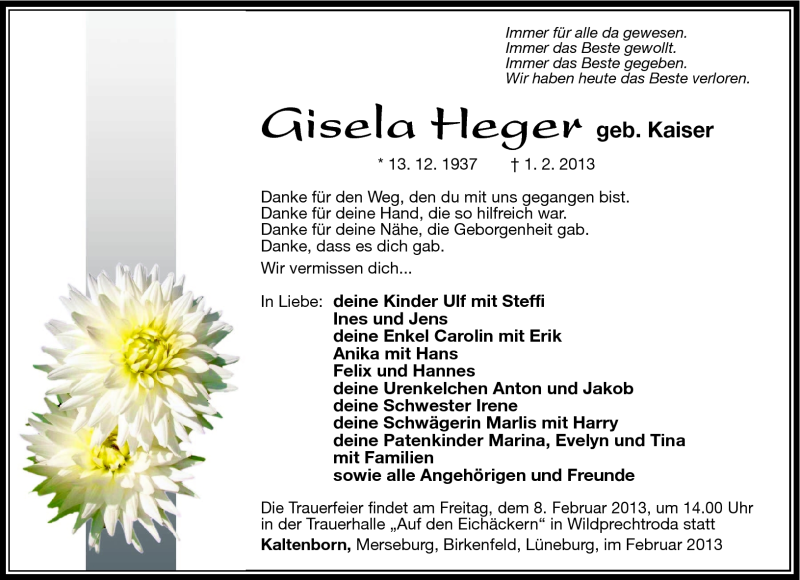  Traueranzeige für Gisela Heger vom 05.02.2013 aus Südthüringer Presse