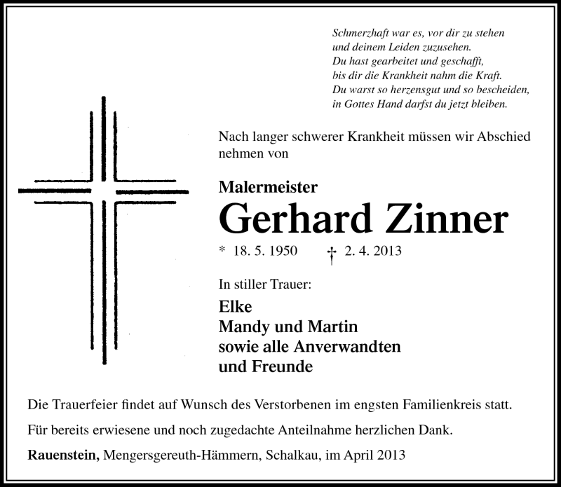  Traueranzeige für Gerhard Zinner vom 05.04.2013 aus Südthüringer Presse