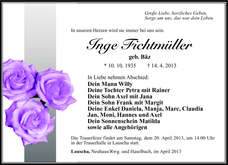  Traueranzeige für Inge Fichtmüller vom 17.04.2013 aus Südthüringer Presse