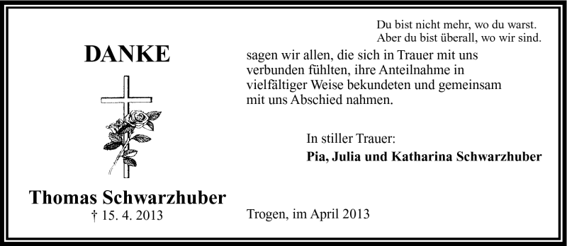  Traueranzeige für Thomas Schwarzhuber vom 26.04.2013 aus Frankenpost