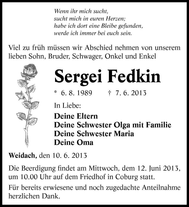  Traueranzeige für Sergei Fedkin vom 10.06.2013 aus Neue Presse Coburg
