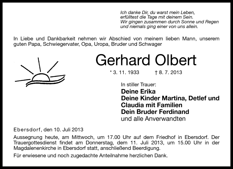  Traueranzeige für Gerhard Olbert vom 10.07.2013 aus Neue Presse Coburg