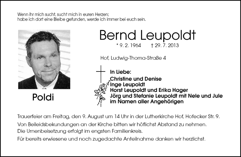  Traueranzeige für Bernd Leupoldt vom 06.08.2013 aus Frankenpost