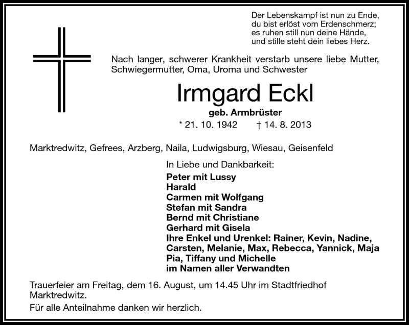  Traueranzeige für Irmgard Eckl vom 15.08.2013 aus Frankenpost
