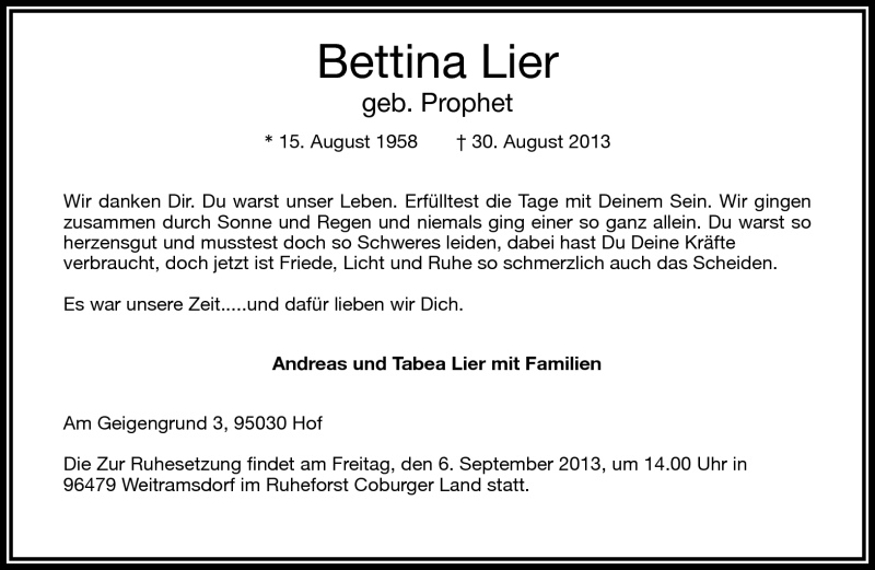  Traueranzeige für Bettina Lier vom 02.09.2013 aus Frankenpost