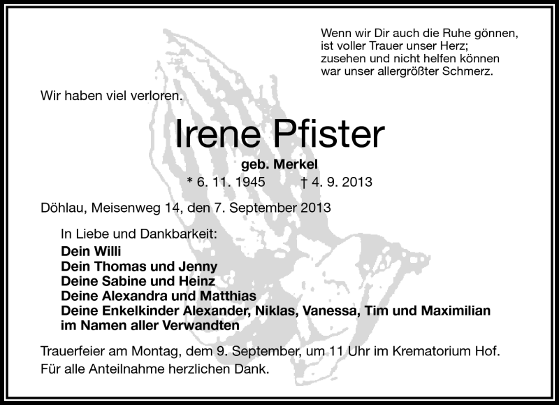  Traueranzeige für Irene Pfister vom 07.09.2013 aus Frankenpost