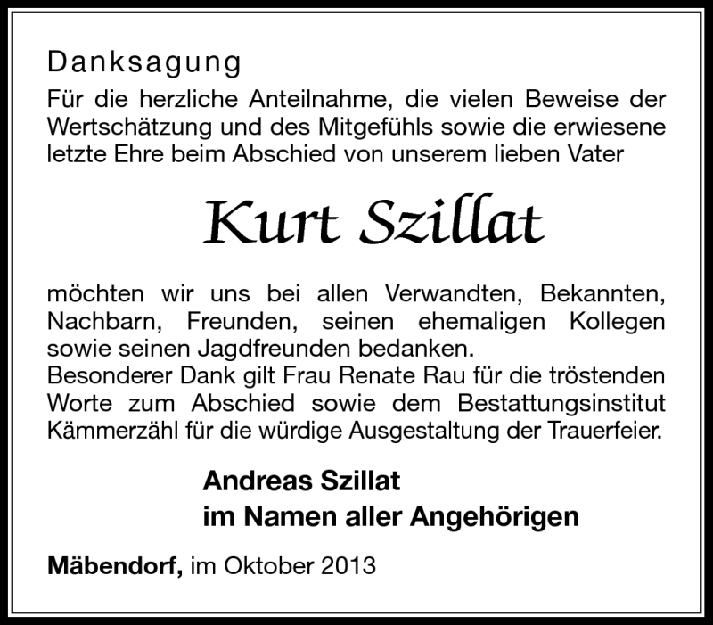 Traueranzeige für Kurt Szillat vom 12.10.2013 aus Südthüringer Presse