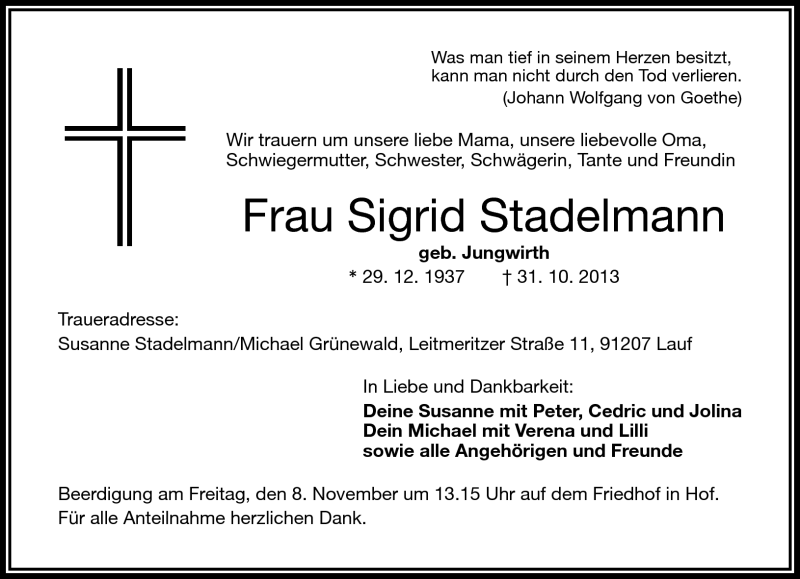  Traueranzeige für Sigrid Stadelmann vom 05.11.2013 aus Frankenpost