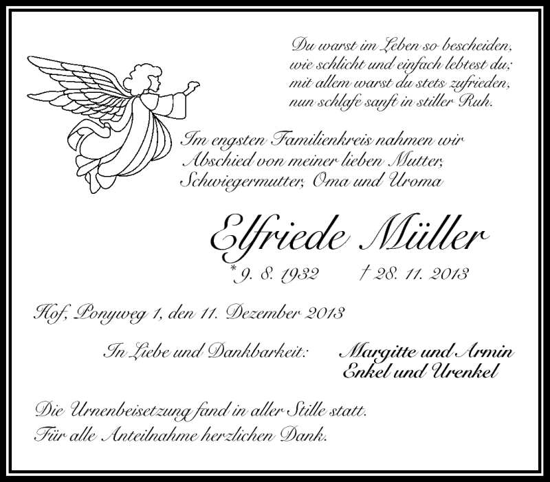  Traueranzeige für Elfriede Müller vom 11.12.2013 aus Frankenpost