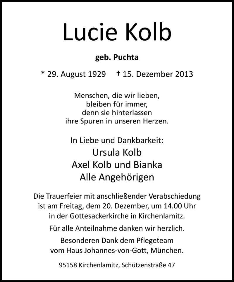  Traueranzeige für Lucie Kolb vom 19.12.2013 aus Frankenpost