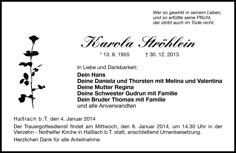  Traueranzeige für Karola Ströhlein vom 04.01.2014 aus Neue Presse Coburg
