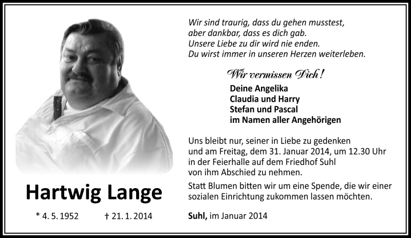  Traueranzeige für Hartwig Lange vom 25.01.2014 aus Südthüringer Presse
