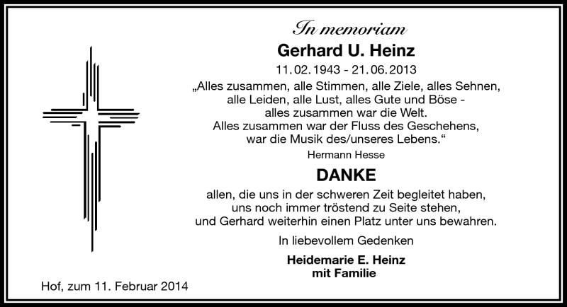  Traueranzeige für Gerhard U. Heinz vom 08.02.2014 aus Frankenpost