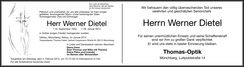  Traueranzeige für Werner Dietel vom 01.02.2014 aus Frankenpost
