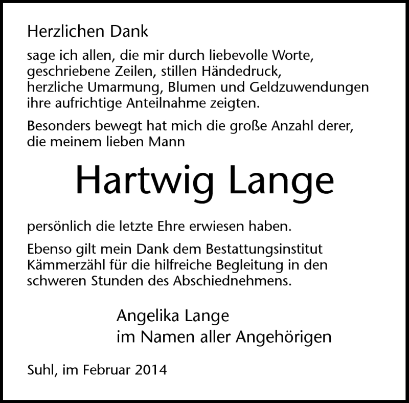  Traueranzeige für Hartwig Lange vom 08.02.2014 aus Südthüringer Presse