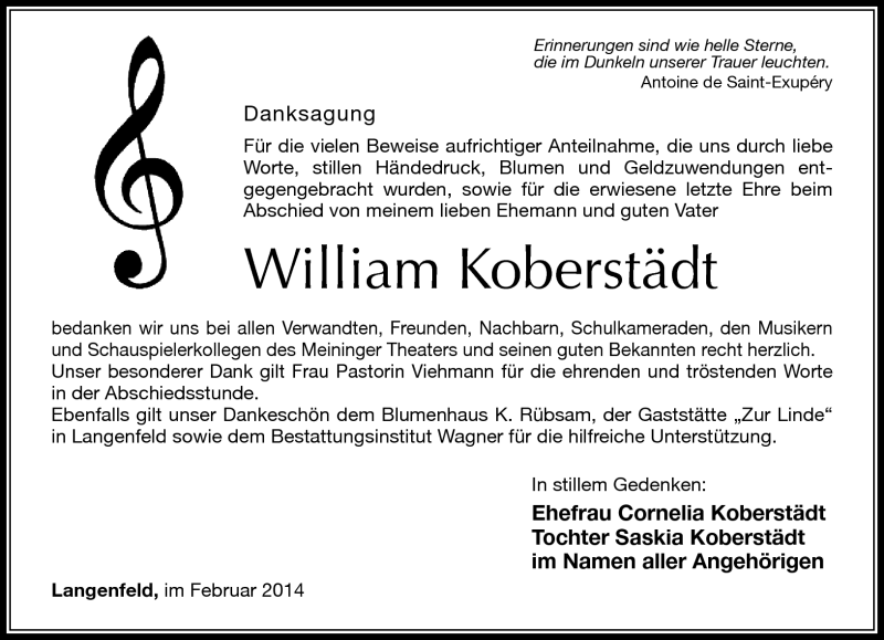  Traueranzeige für William Koberstädt vom 08.02.2014 aus Südthüringer Presse