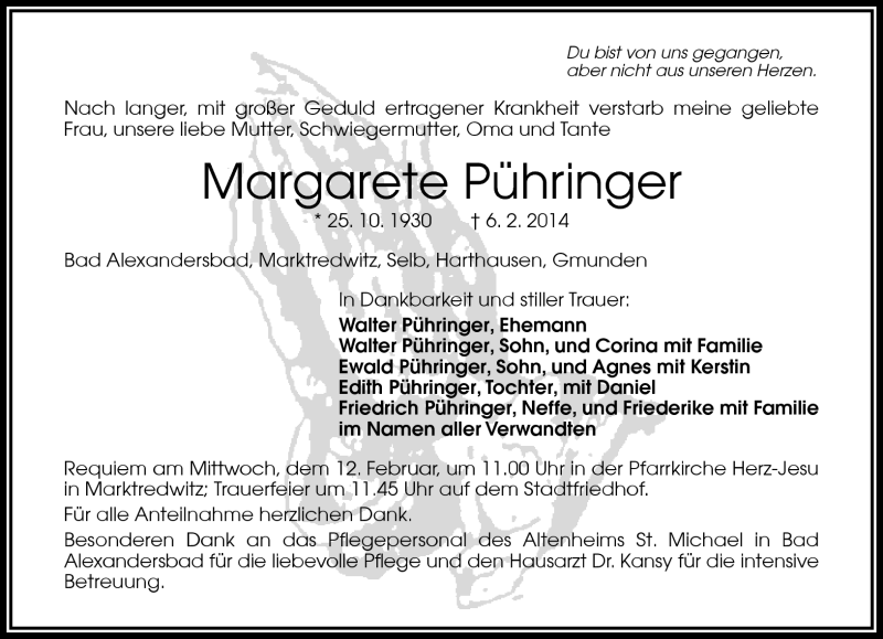  Traueranzeige für Margarete Pühringer vom 10.02.2014 aus Frankenpost