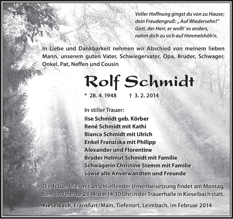  Traueranzeige für Rolf Schmidt vom 14.02.2014 aus 26010