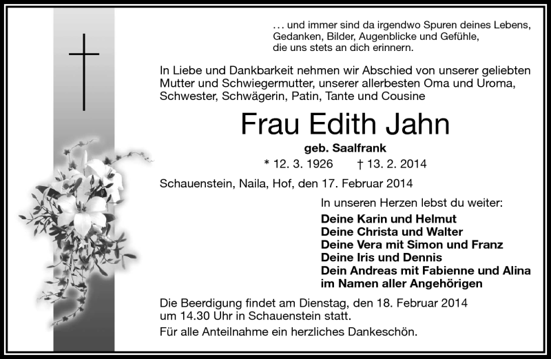  Traueranzeige für Edith Jahn vom 17.02.2014 aus Frankenpost