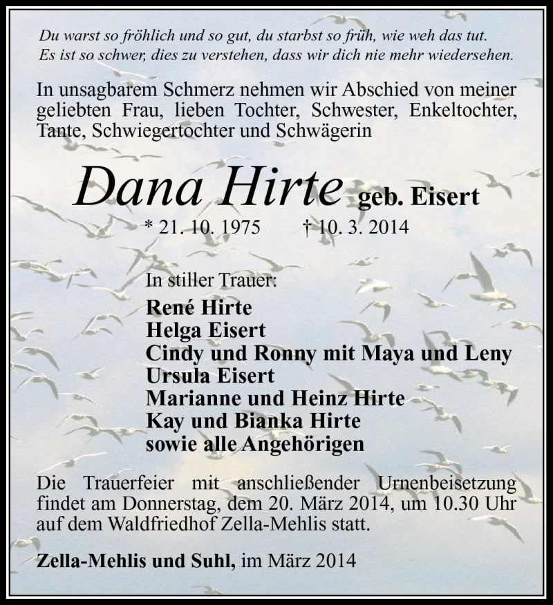  Traueranzeige für Dana Hirte vom 15.03.2014 aus Südthüringer Presse