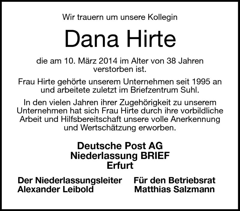  Traueranzeige für Dana Hirte vom 22.03.2014 aus Südthüringer Presse