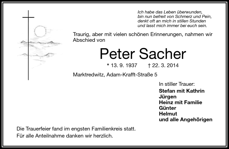  Traueranzeige für Peter Sacher vom 28.03.2014 aus Frankenpost