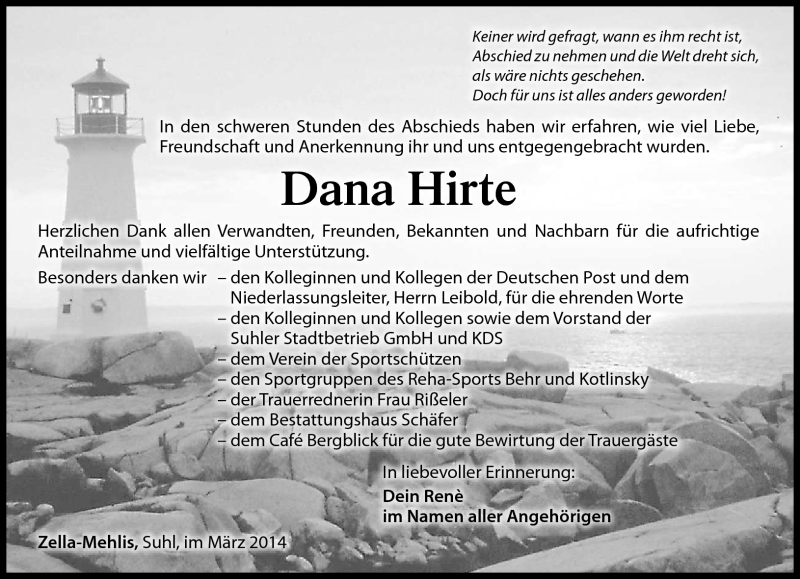  Traueranzeige für Dana Hirte vom 29.03.2014 aus Südthüringer Presse