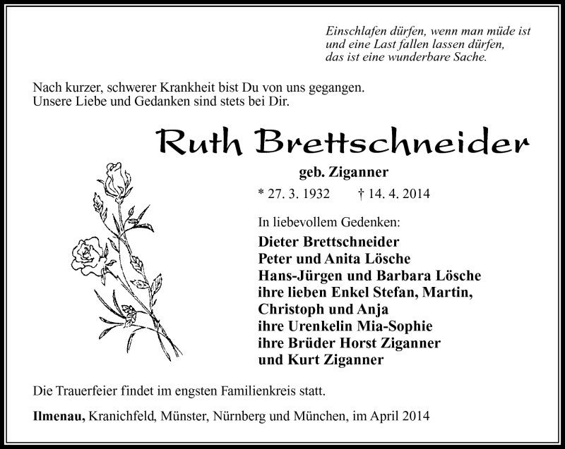  Traueranzeige für Ruth Brettschneider vom 19.04.2014 aus Südthüringer Presse