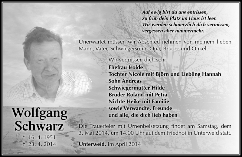  Traueranzeige für Wolfgang Schwarz vom 29.04.2014 aus Südthüringer Presse