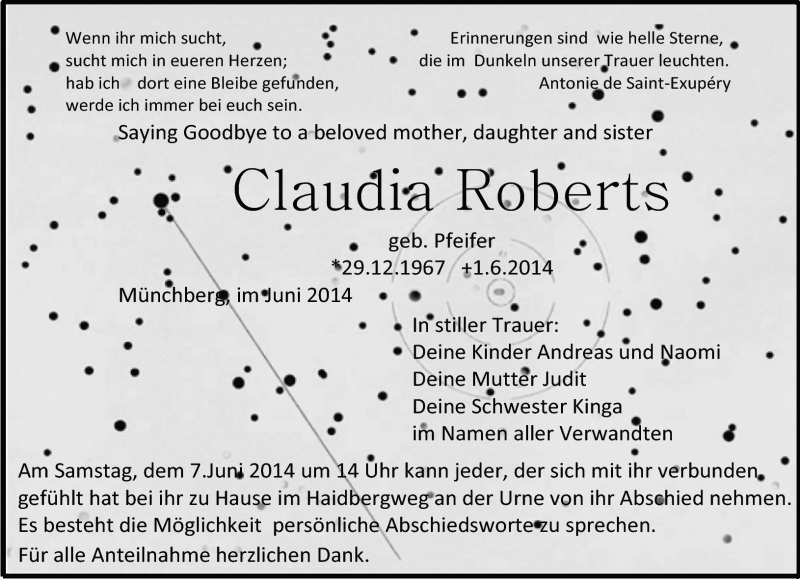  Traueranzeige für Claudia Roberts vom 06.06.2014 aus Frankenpost