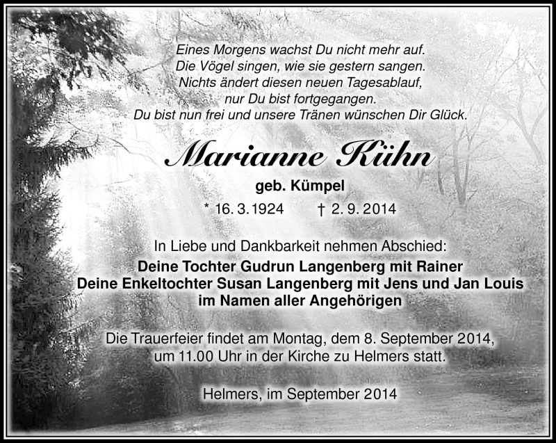  Traueranzeige für Marianne Kühn vom 05.09.2014 aus Südthüringer Presse