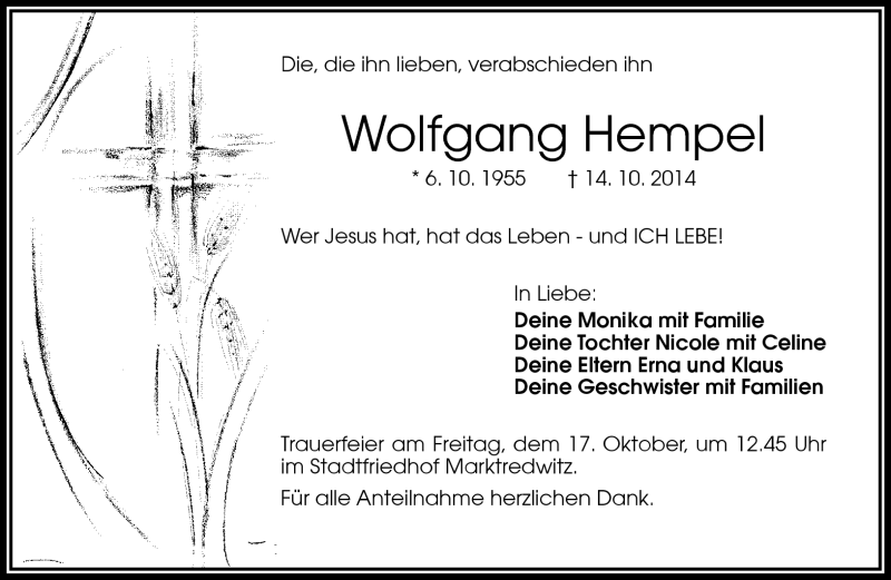  Traueranzeige für Wolfgang Hempel vom 16.10.2014 aus Frankenpost