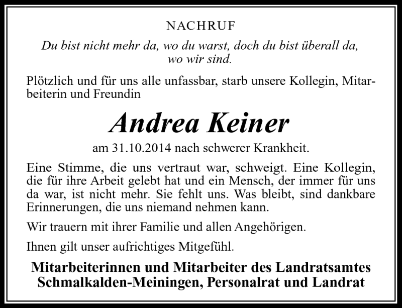  Traueranzeige für Andrea Keiner vom 07.11.2014 aus Südthüringer Presse