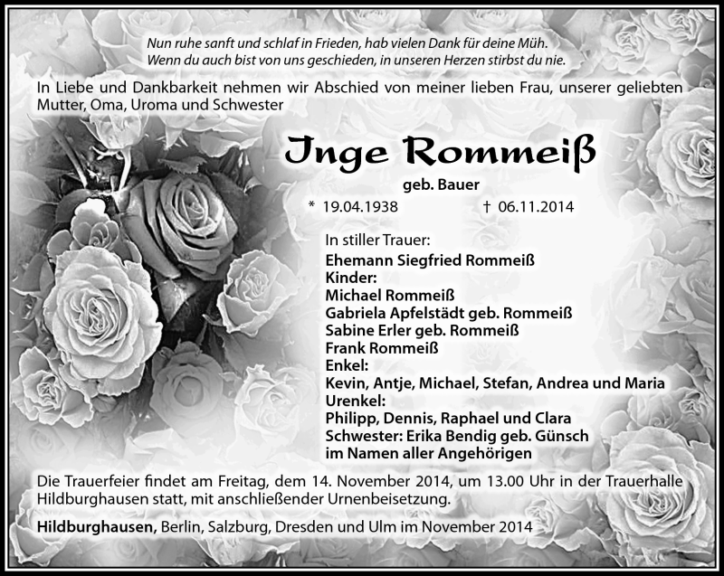  Traueranzeige für Inge Rommeiß vom 11.11.2014 aus Südthüringer Presse