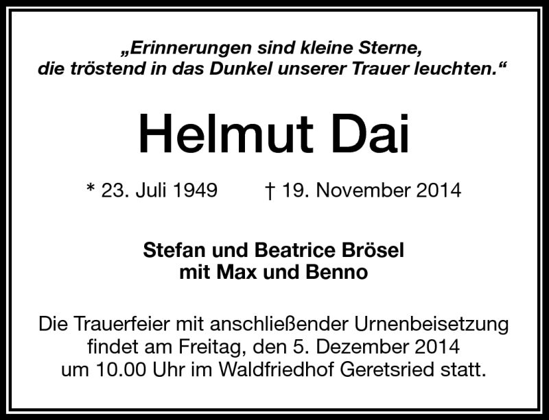  Traueranzeige für Helmut Dai vom 03.12.2014 aus Frankenpost