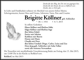 Traueranzeige von Brigitte Köllner von Südthüringer Presse
