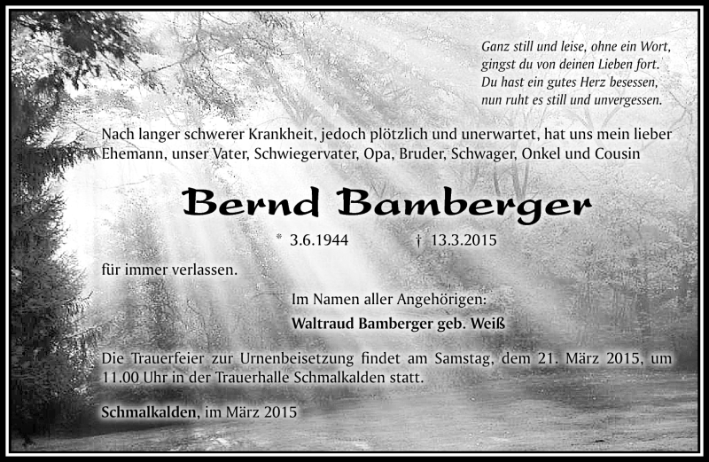  Traueranzeige für Bernd Bamberger vom 19.03.2015 aus Südthüringer Presse
