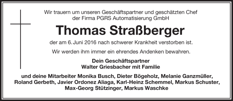  Traueranzeige für Thomas Straßberger vom 08.06.2016 aus Frankenpost