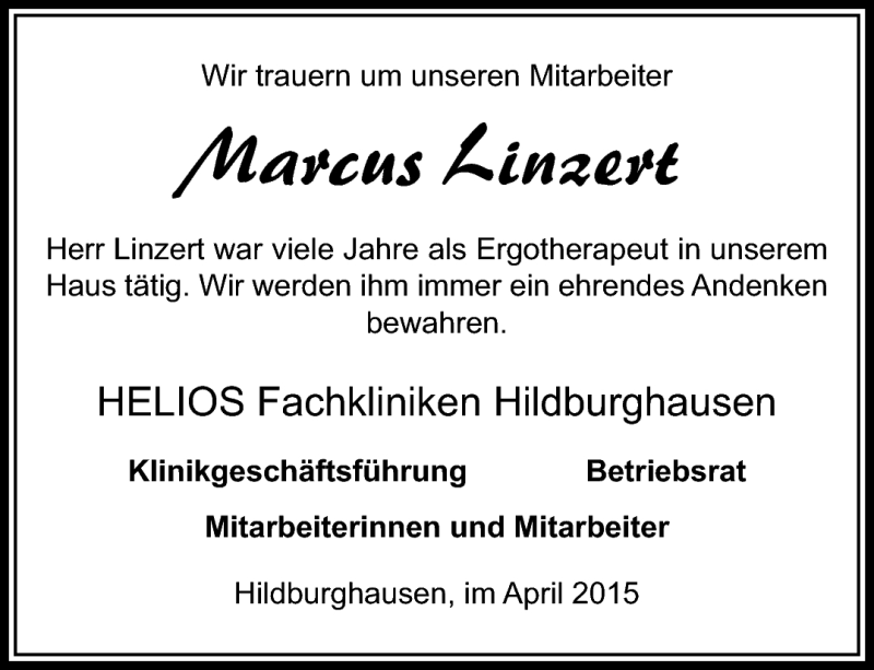  Traueranzeige für Marcus Linzert vom 18.04.2015 aus Südthüringer Presse