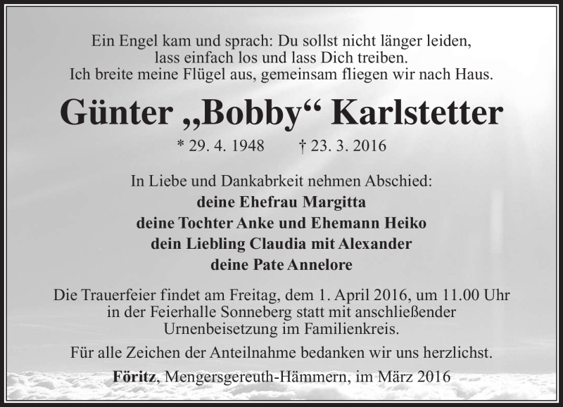  Traueranzeige für Günter Karlstetter vom 30.03.2016 aus Südthüringer Presse