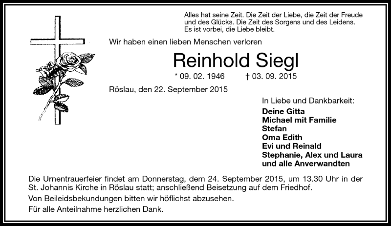  Traueranzeige für Reinhold Siegl vom 22.09.2015 aus Frankenpost