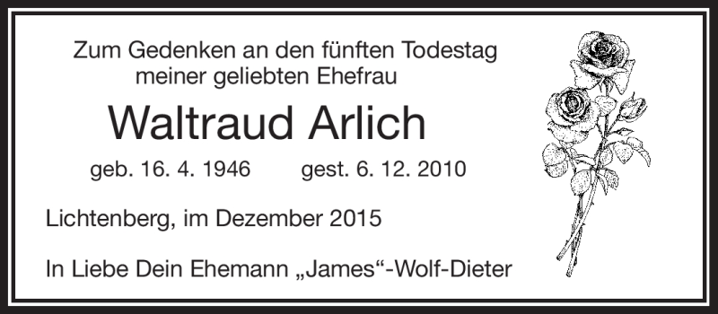  Traueranzeige für Waltraud Arlich vom 04.12.2015 aus Frankenpost