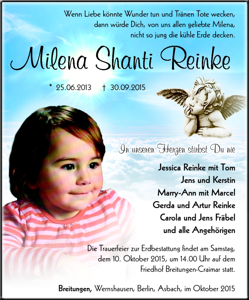  Traueranzeige für Milena Shanti Reinke vom 08.10.2015 aus Südthüringer Presse
