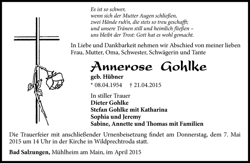  Traueranzeige für Annerose Gohlke vom 01.05.2015 aus Südthüringer Presse