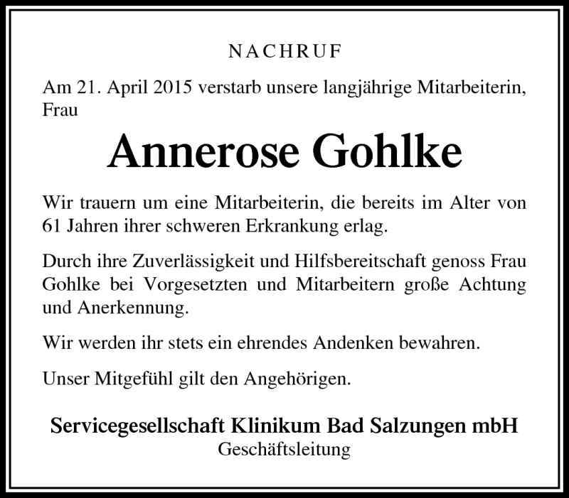  Traueranzeige für Annerose Gohlke vom 07.05.2015 aus Südthüringer Presse
