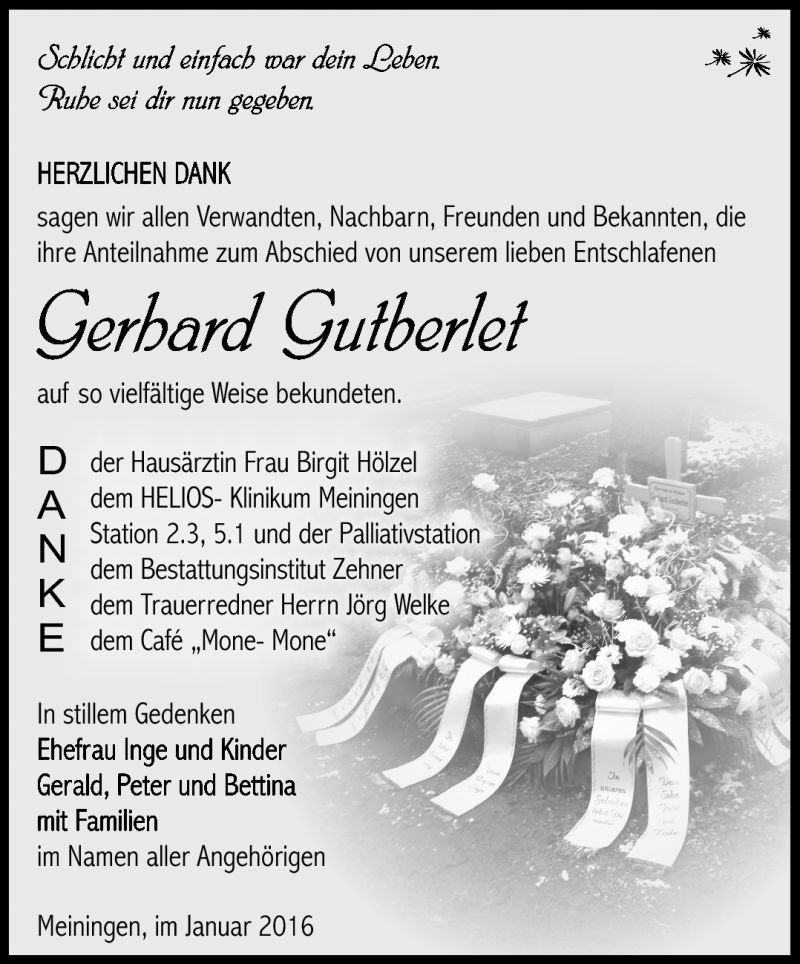  Traueranzeige für Gerhard Gutberlet vom 30.01.2016 aus Südthüringer Presse