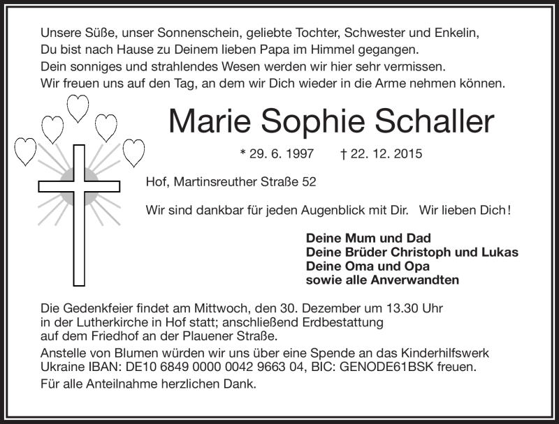  Traueranzeige für Marie Sophie Schaller vom 29.12.2015 aus Frankenpost