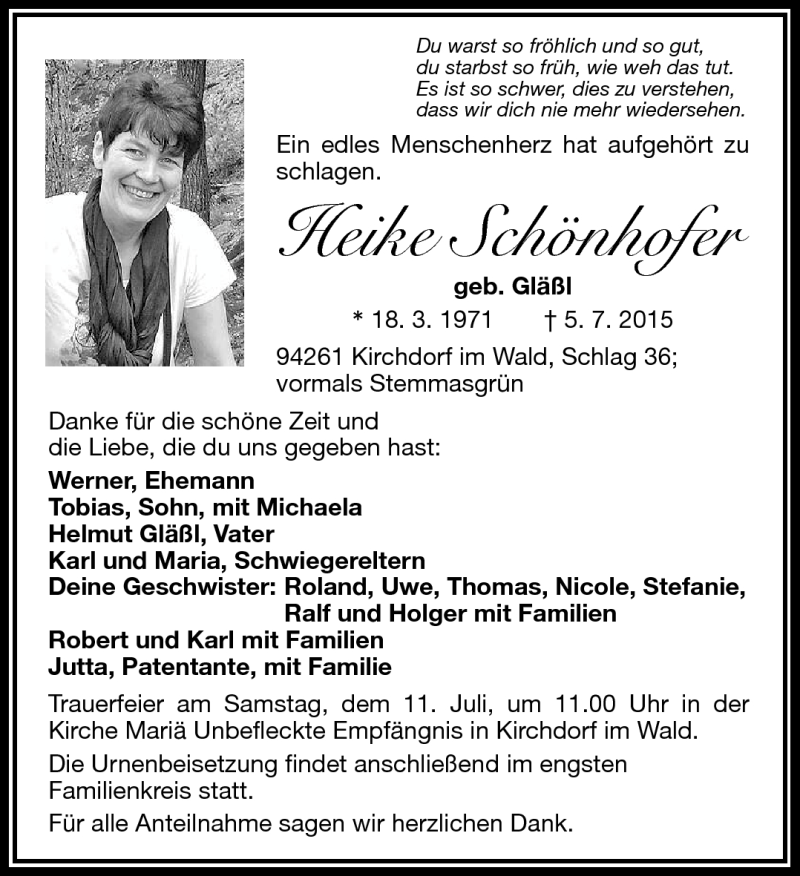  Traueranzeige für Heike Schönhofer vom 10.07.2015 aus Frankenpost